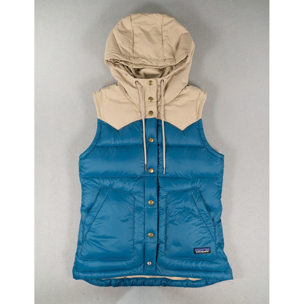 Patagonia Womens Bivy Hooded Vest Puffer Western Yoke Blue Tan XS
